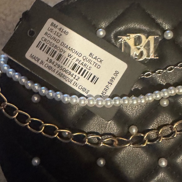 Badgley Mischka Black Quilted Mini Bag with Pearl and Gold Chain - Picture 2 of 8